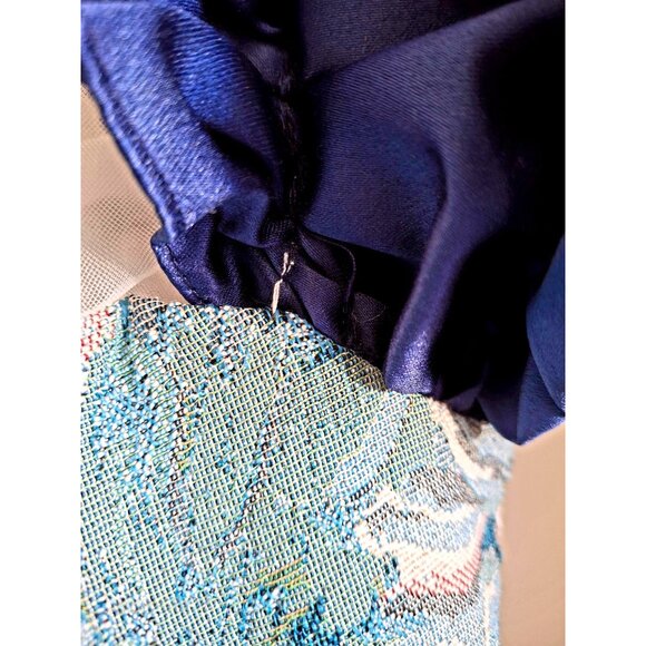 Vtg Girls Floral Tapestry Dress With Sheer Bodice & Navy Satin Puff Sleeves - Picture 2 of 15